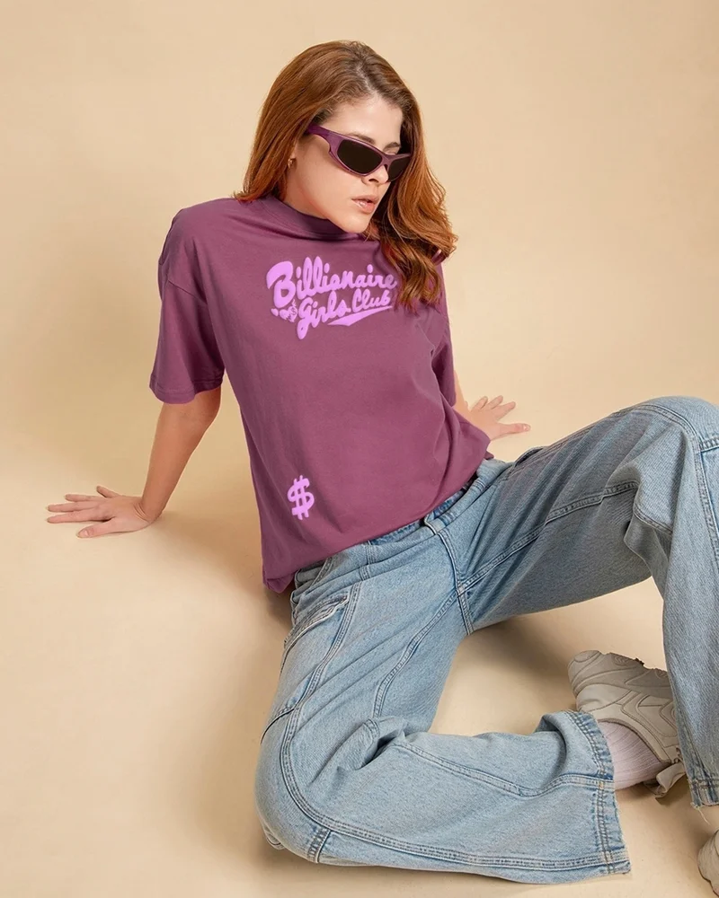 بيواكوف Women's Purple Billionaire Girls Club Graphic Printed Oversized T-shirt